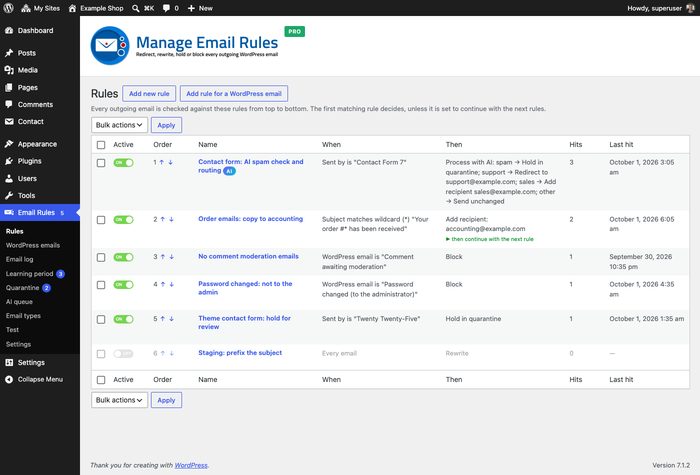 Manage Email Rules rules list in the WordPress admin with an on/off switch per rule