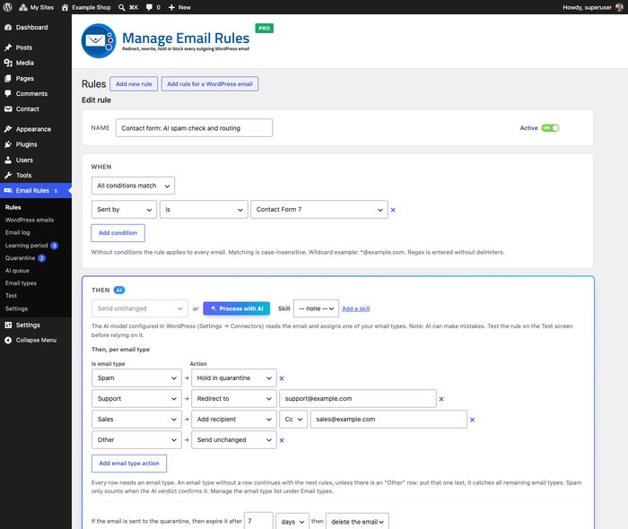 Rule editor: when Sent by is Contact Form 7, AI email routing per email type