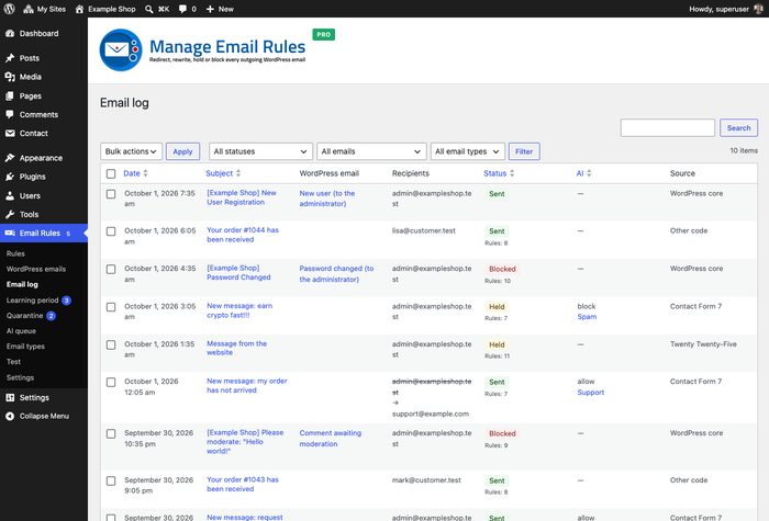 Email log with status, matched rule and sending plugin for each outgoing email