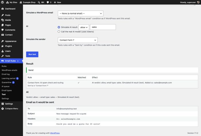 Test screen that dry-runs the rules on an example email