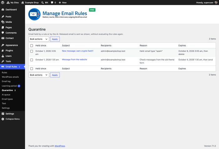 Quarantine screen with held emails to release or delete