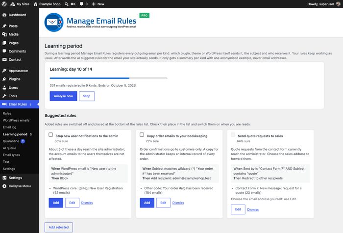 Learning period with AI-suggested rules for the email the site sends